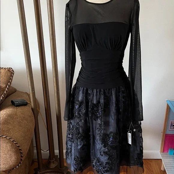 Elegant Black Mesh Long Sleeve Dress NWT - Picture 1 of 7